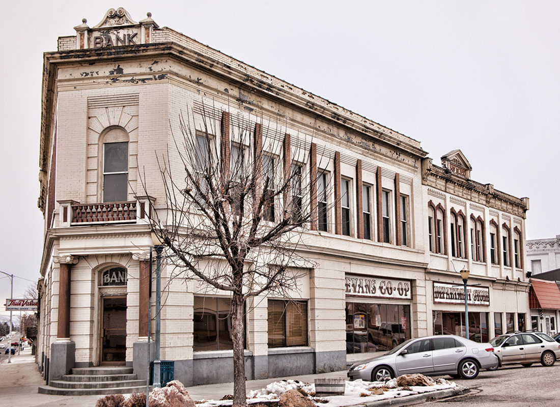Malad City, ID - Exterior View of a Historic Two Story Bank in Downtown Malad City Idaho During the Winter